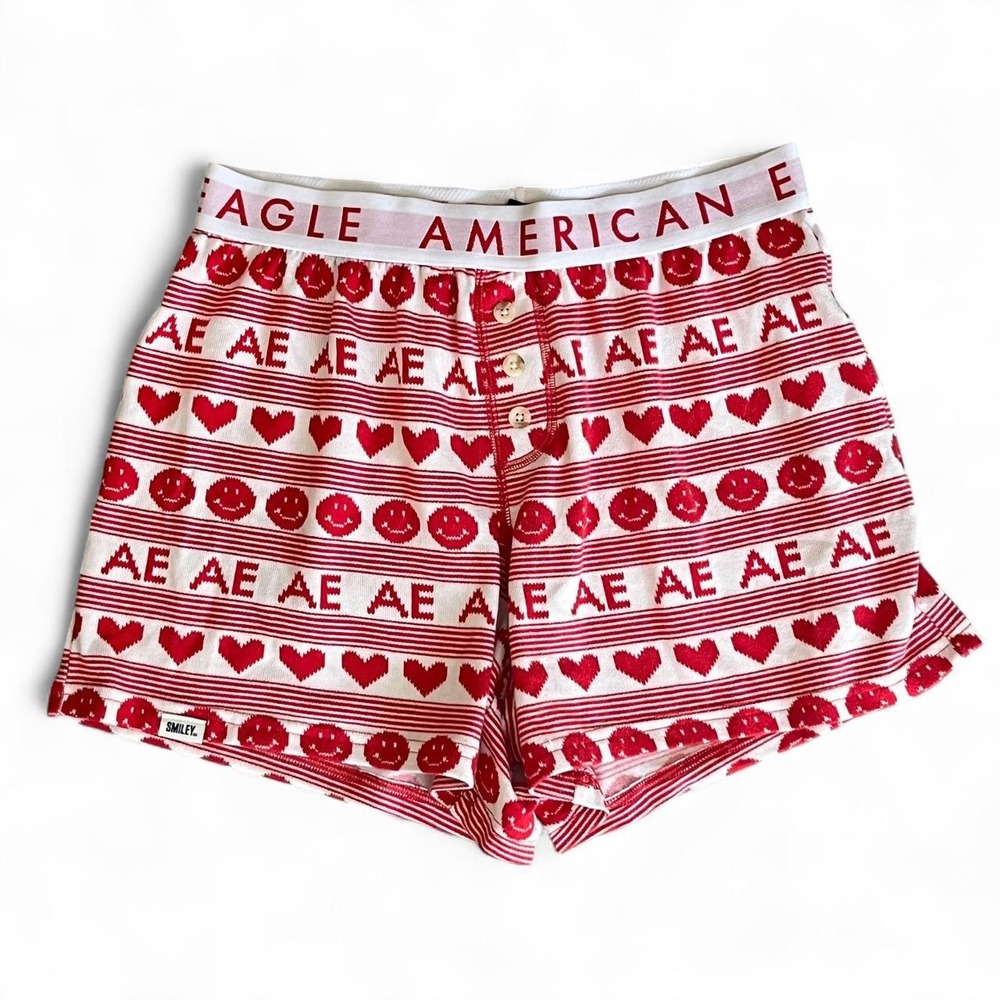 American Eagle Smiley Heart Boxer Lounge Shorts Red White Y2K Small